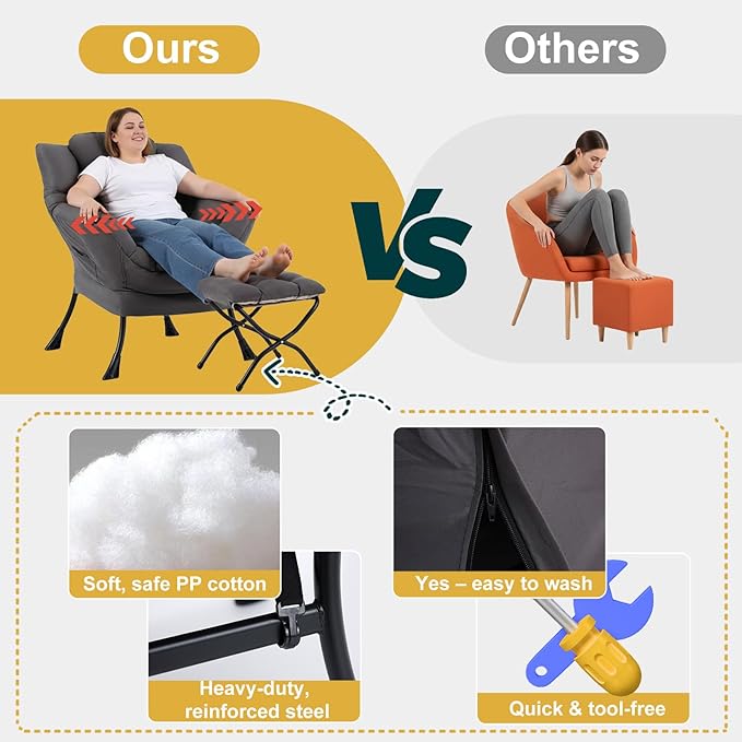 Lazy Chair with Ottoman Large Accent Chair with Ottoman and a Throw Pillow Dark Grey Reading Chair for Living Room Bedroom Dorm Room Office Apartment Relaxing Use