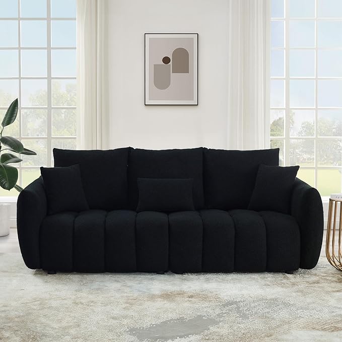 Antetek 78 Modern Sofa Couch Comfy Deep Seat Teddy Cloud Sofa Upholstered 3-Seater Boucle Couch Oversized Loveseat for Living Room Bedroom Office Apartment Black
