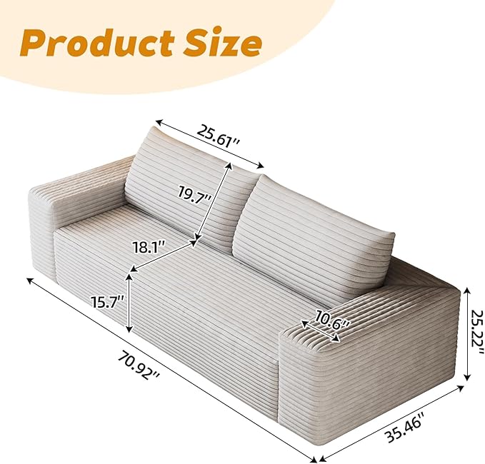 71 Sofa in a Box Compressed Boneless Couch with Wide Armrests &amp 2 Cushions Cloud loveseat Sofa for Living Room Memory Foam Deep Seat Corduroy Fabric No Assembly (White 3)