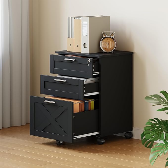 Secure 3-Drawer Wood File Cabinet with Lock – Mobile Under Desk Filing Cabinet Fits Letter/Legal/a4 Rolling Cabinet with Wheels – Classic Color