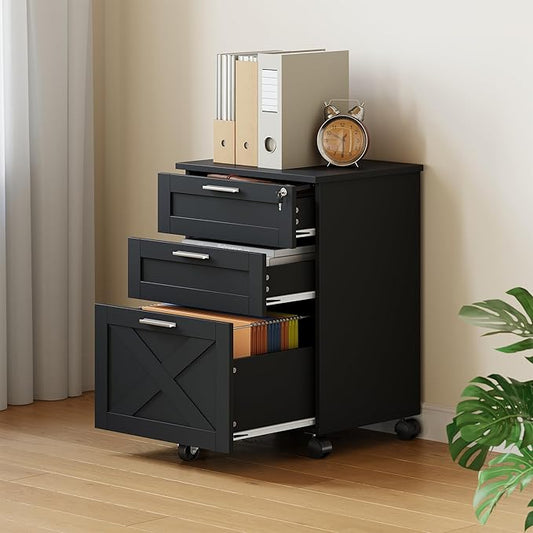 Secure 3-Drawer Wood File Cabinet with Lock – Mobile Under Desk Filing Cabinet Fits Letter/Legal/a4 Rolling Cabinet with Wheels – Classic Color