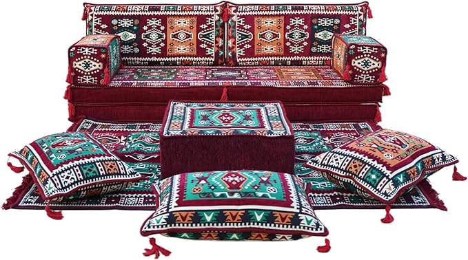 arabicsofa Maroon Arabic Majlis Sofa with Cushions – Modular Loveseat Floor Sofa for Living Room