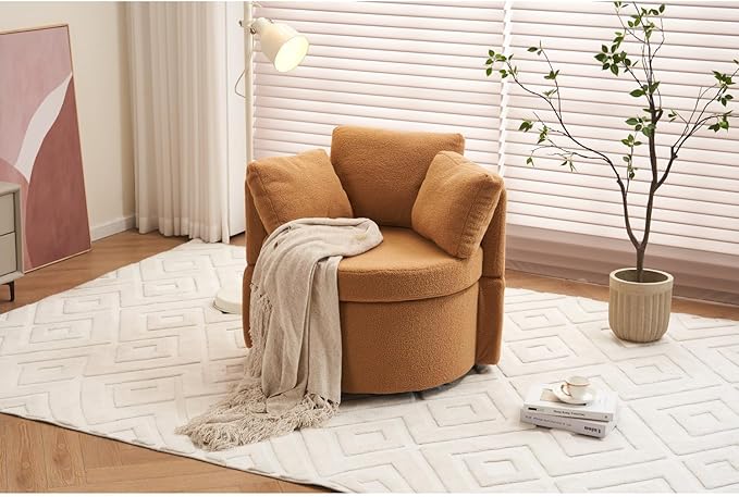 Teddy Fabric Swivel Storage Chair with Back Cushion Khaki 360° Swivel for Living Room