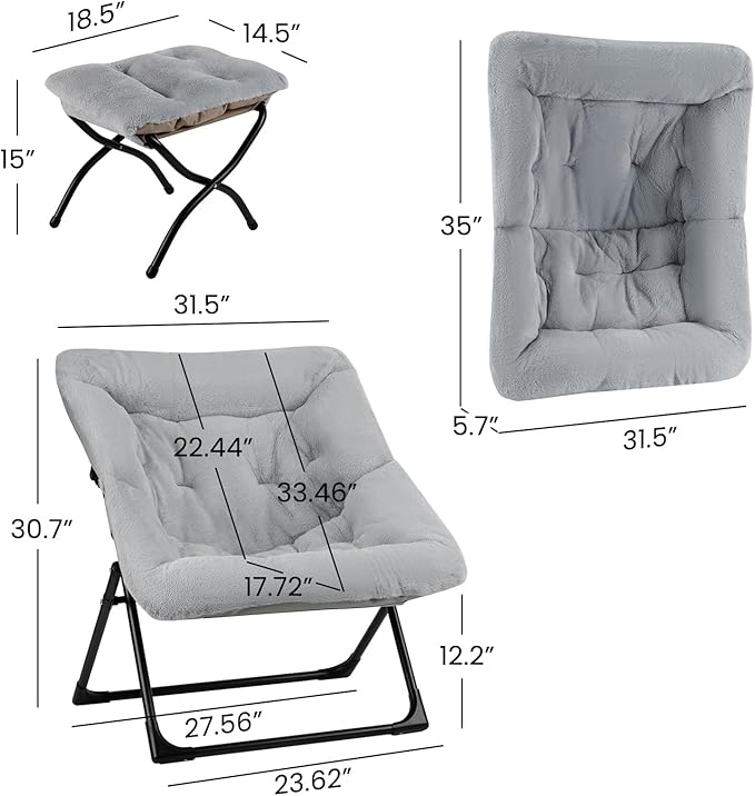 Comfy Saucer Chair for Adults Soft Faux Fur Bedroom Chair with Ottoman Accent Dorm Chairs Living Room Reading Chairs and Footstool Folding Seat for Teens X-Large Grey