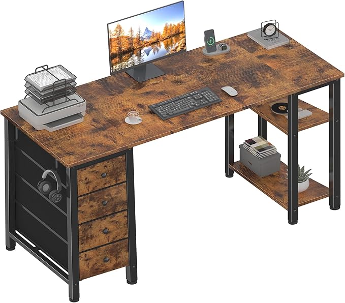 Lufeiya 63 inch Computer Desk with 4 Fabric Drawers &amp Storage Shelves Writing Work Study Desk for Home Office Bedroom Modern Simple Student PC Desks Table Rustic Brown