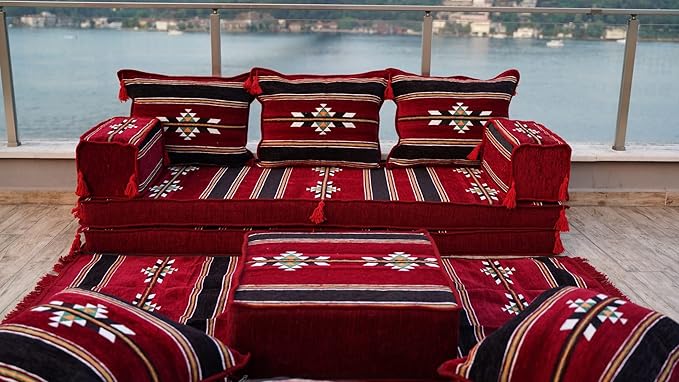 arabicsofa Maroon Turkish Low Floor Seating Sofa – Traditional Arabic Majlis Cushions