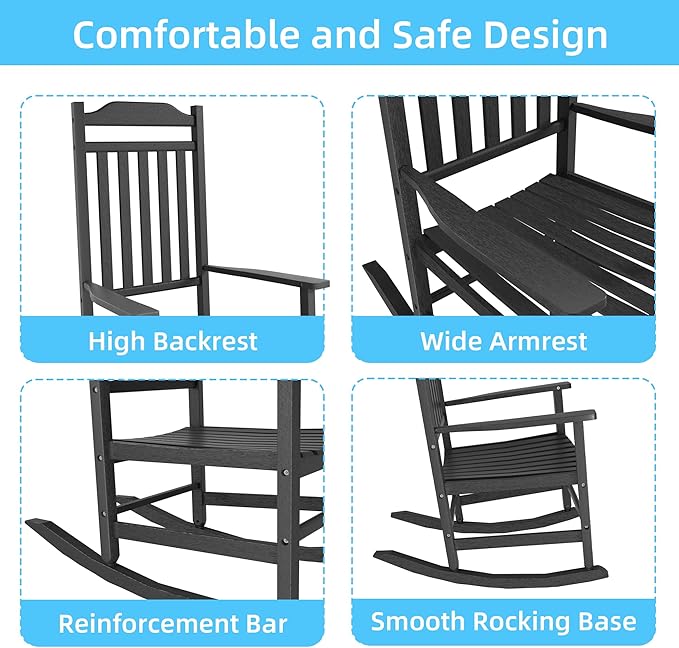 EasyUp Patio Rocking Chair OutdoorSet of 2Weather Resistant Poly Resin Oversized Porch RockerHigh Back Smooth DesignIndoor Outdoor Use