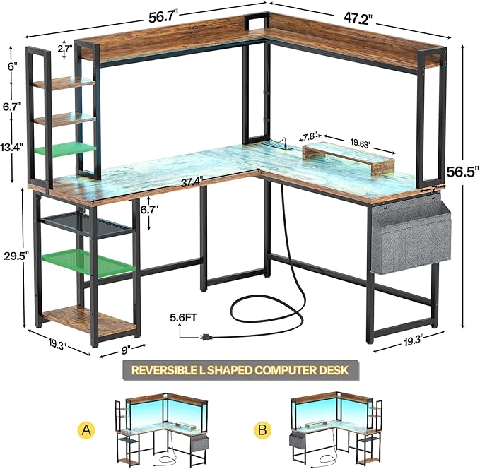 Aheaplus L Shaped Desk with Power Outlet L Shaped Gaming Desk with Led Light &amp Hutch Reversible Home Office Desk Corner Computer Desk Writing Desk with Monitor Stand &amp Storage Shelf Rustic