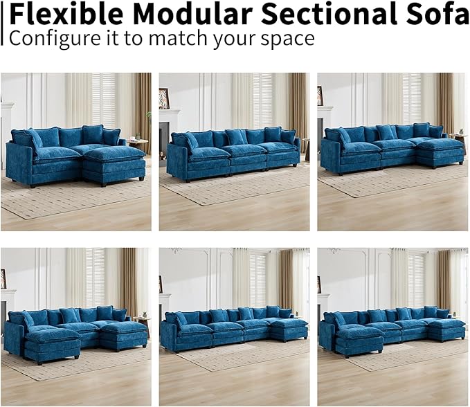 113.78 Modular Cloud Couch Sectional L Shaped Modular Sectional Sofa with Movable Ottoman and Throw Pillows Comfy Chenille Fabric Deep Seat Cloud Sofa Couches for Living Room (Blue3-Seater)