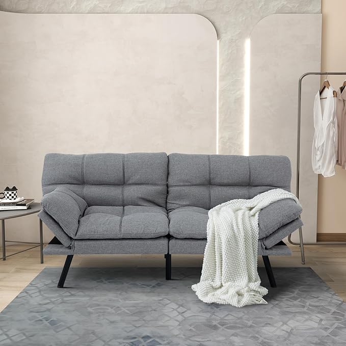 MUUEGM 71 Futon Couch Filled with Memory Foam Convertible Futon Sofa Bed with Adjustable Backrest Armrest Folding Futon for Living Room Small Space Loveseat for Sleeper(Fabric Light Gray)