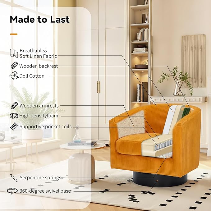 Swivel Accent Chair 360°Swivel Barrel Chair Comfy Upholstered Corduroy Club Armchair for Living Room Reading Room Bedroom (Yellow)