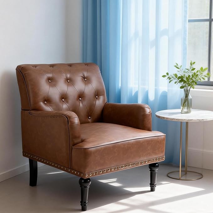MOJAY Faux Leather Accent Chair Mid-Century Armchair Living Room Sofa Chair with Rubber Wood Leg Club Chair with Rivet Trim for Bedroom Reading Room Reception (Brown)