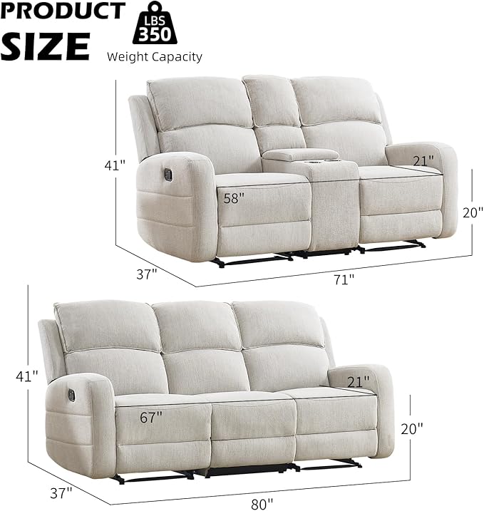 EBELLO Manual Living Room Furniture Reclining Couch Set Soft Fabric Recliner Loveseat and 3 Seat Sofa Couch for Meeting Room Overstuffed Backrest(Loveseat+Sofa)