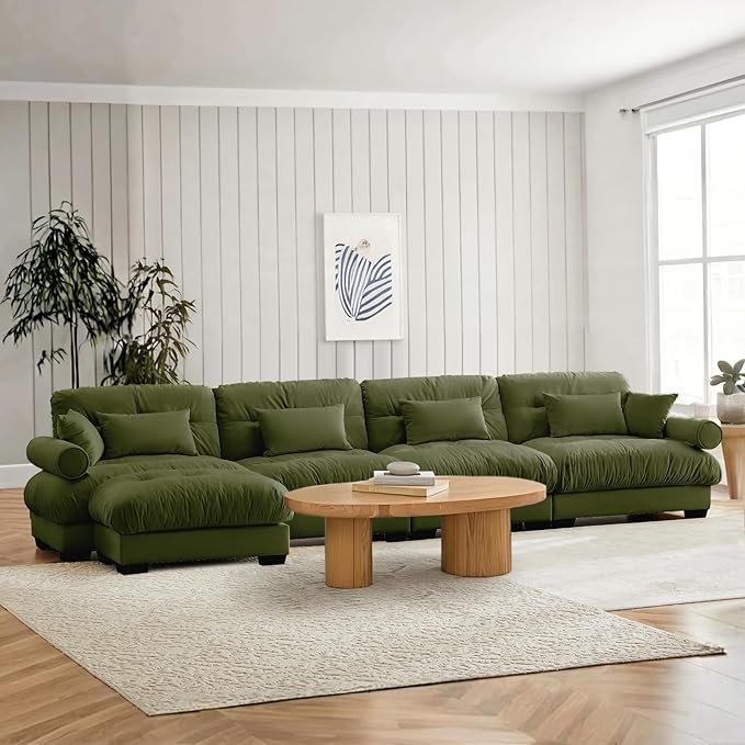 SoarFlash Sectional Couches for Living Room L Shaped Sofa Couch with Velvet Fabric 4 Seat Modern Sofa with Ottoman Removable Pillows for Apartment Green