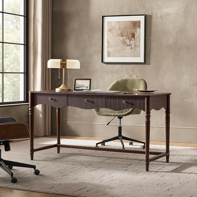 HULALA HOME 60 Fluted Executive Desk with Charging Station 3 Drawers Home Office Desk with Solid Wood Spindle Legs Wood Writing Desk with Storage Natural Wood Grain Texture Auburn