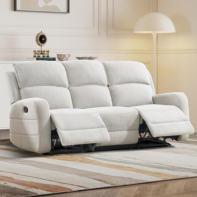 EBELLO Manual Living Room Furniture Reclining Couch Set Soft Fabric 3 Seat Sofa Recliner Sofa for Meeting Room Overstuffed Backrest and Armrest
