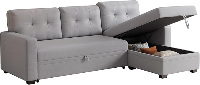 Ball &amp Cast L-Shape Convertible Sectional Sleeper Sofa Bed 4 in 1 Pull Out Couch with Reversible Storage Chaise &amp Removable Back CushionsSleeper Corner Couch Pull Out Sofa Bed for Living Room