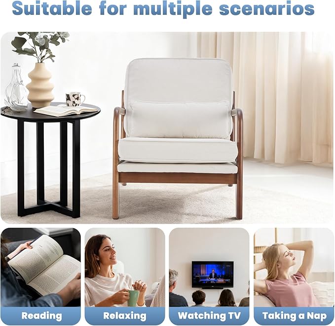 DUMOS Accent Chairs Set of 2Mid Century Modern Chair with Arms and Waist Cushion Reading Chairs for Adults Lounge Chair for Living Room and Bedroom Solid Wooden Frame Cream