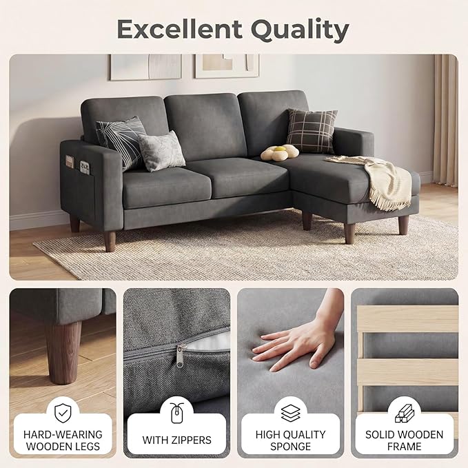 Homall 3 Seat Couch L Shape Sofa with Side Storage Pockage Sectional Couches with Reversible Ottoma Upholstered Sofa for Living Room and Small Spaces (Linen Fabric Graphite Grey)