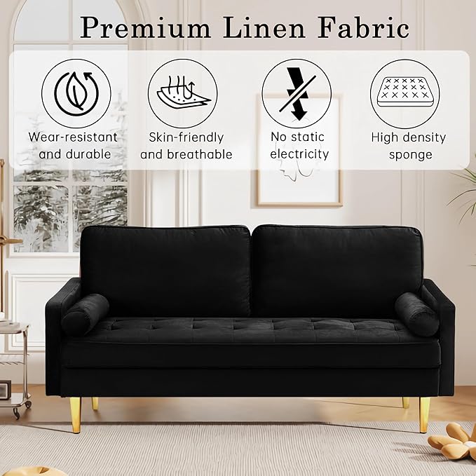67 Modern Velvet Loveseat Sofa Couch Mid-Century Tufted Upholstered Small Love Seat Couch with 2 Pillows &amp 4 Golden Legs 2-Seats Couches for Compact Space Living Room Apartment (Black)
