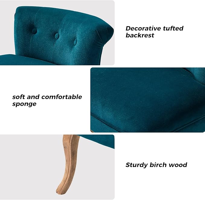 HULALA HOME Velvet Vanity Chairs with Low Back Modern Small Vanity Stool with Solid Wood Legs Upholstered Tufted Makeup Chair for Bedroom Living Room Dressing Women Girls Set of 2 Teal