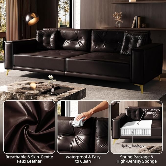 92.1 King Size Pull Out Couch Faux Leather 3-in-1 Convertible Sofa Bed with Wide Armrests &amp Tufted Upholstery 4 Seat Pull Out Sofa Bed with Pillows for Living Room/Apartment/Office Dark Brown