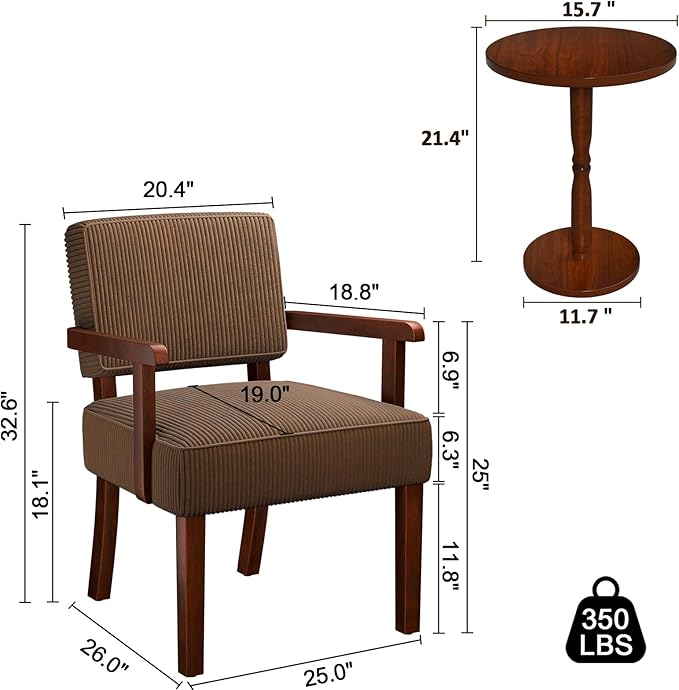 Corduroy Accent Chair Set of 2 with Table Mid Century Modern Armchairs with Solid Wood Frame Oversized Reading Leisure Chair (Corduroy Brown Set of 2 with Table)