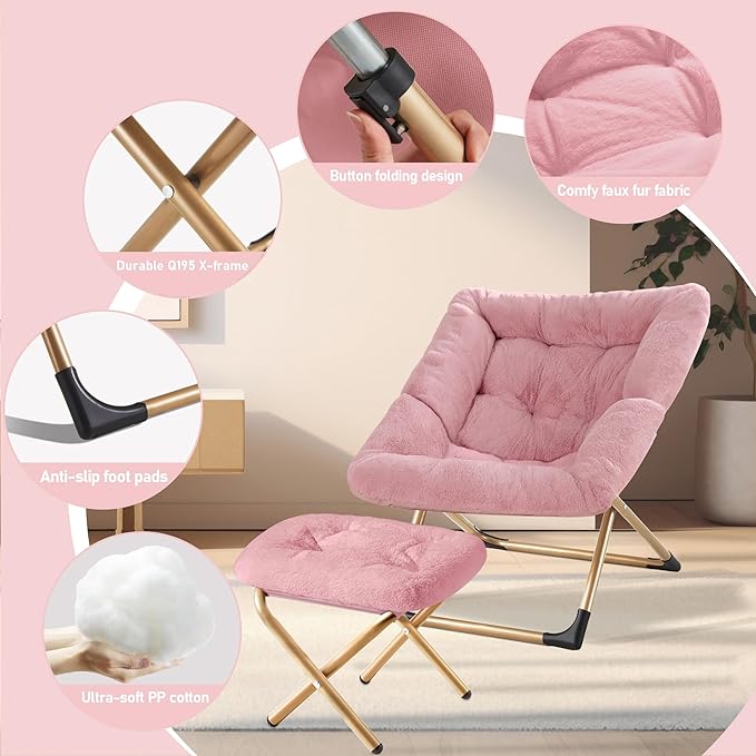 Comfy Oversized Saucer Chair with OttomanSoft Faux Fur Reading Lounge Chair for AdultsStable X-Large Metal Frame and Non-Slip PadCozy Chair for Bedroom Living Room Dorm Office Pink