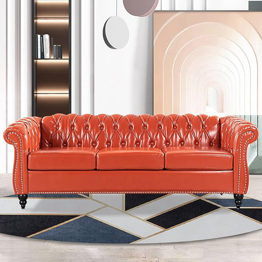 Chesterfield Sofa Orange Faux Leather Sofas for Living Room 84 Rolled Arm 3-Seater Couch Deep Button Nailhead Upholstered Couches High-End Furniture Easy to Assemble