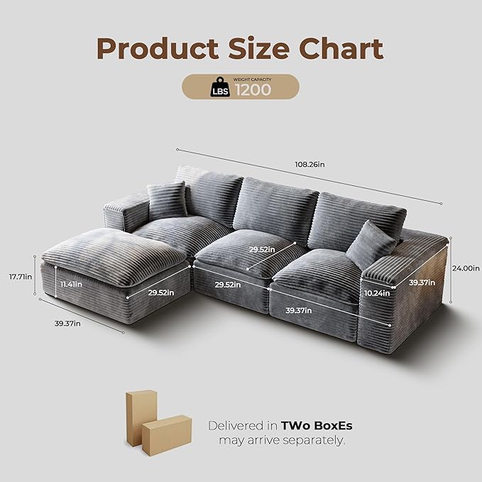 108 Cloud Sectional Couch with L-Shape Chaise Upholstered Couches for Living Room Bedroom Modern Modular Sofa with Deep Seat No Assembly Required Ottoman Movable (Grey)
