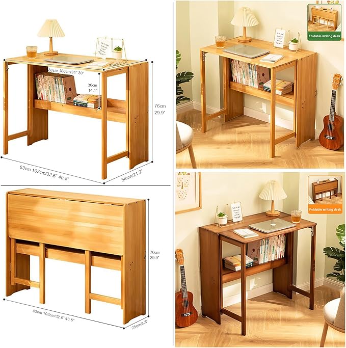 Solid Wood Folding DeskMid Century Modern DeskFoldable Writing Computer Desk for Home OfficeStudy Desk with Storage Shelf for Small Spaces(103cm/40.5 Natural)