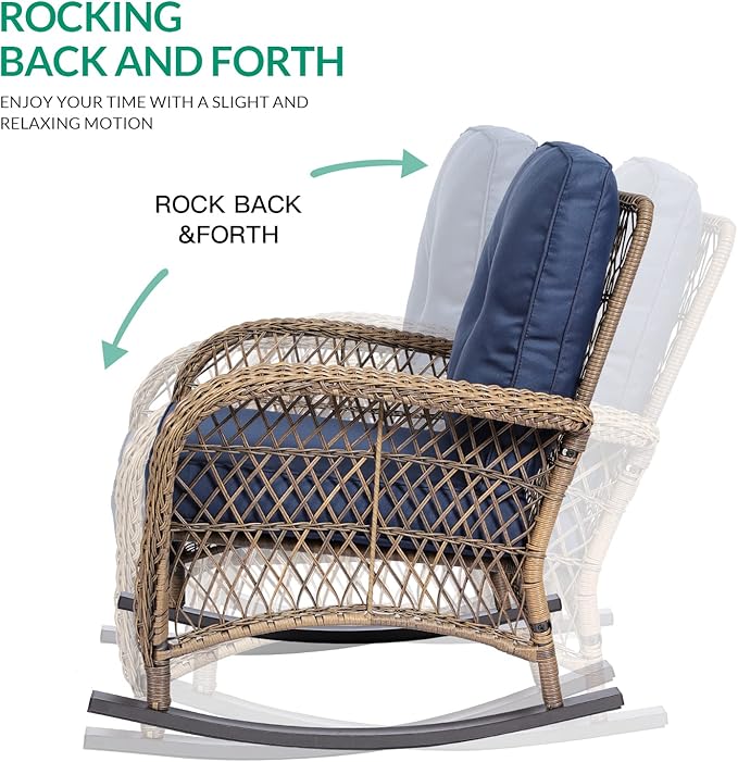VIVIJASON 2 Piece Patio Wicker Rattan Rocker Chair Outdoor Rattan Rocker Chair with Cushions &amp Steel Frame All-Weather Rocking Lawn Wicker Furniture for Garden Backyard Porch (Navy Blue)
