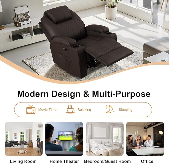 AHMED Power Recliner Chair with Vibration Massage &amp Heat for Adults Faux Leather Home Theater Seating with Cup Holders/LED Lights/USB Ports/Side Pockets for Living Room Brown