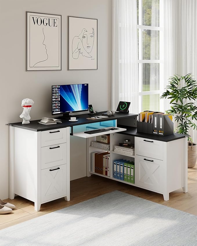 HOPUBUY Farmhouse L Shaped Executive Desk with Drawers 59''Home Office Corner Desks with Charging StationFile CabinetsStorage Compartments Wood Computer Desk Writing Table w/Keyboard TrayWhite