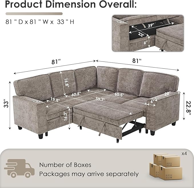 81 Modular Sectional Sofa L Shaped 5-Seater Sleeper Sofa with Pull Out Bed Hidden Storage Cup Holders &amp USB Charging Ports Sectional Couches for Living Room (Chenille Brown-Grey)