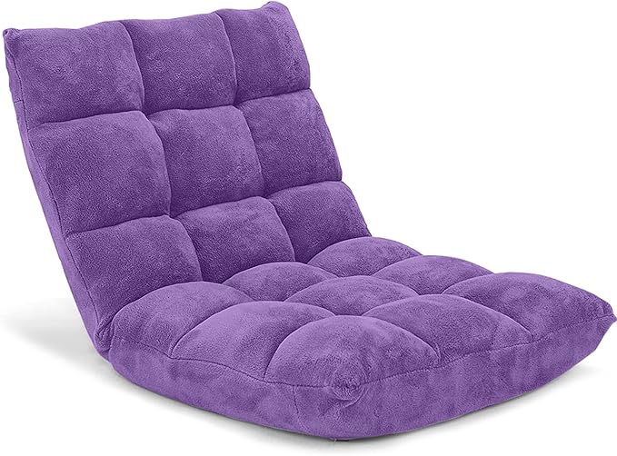 Giantex Floor Chair with Back Support 14 Adjustable Position Padded Sleeper Bed Couch Recliner Folding Gaming Floor Chairs for Adults Living Room Bedroom Yoga Meditation Purple