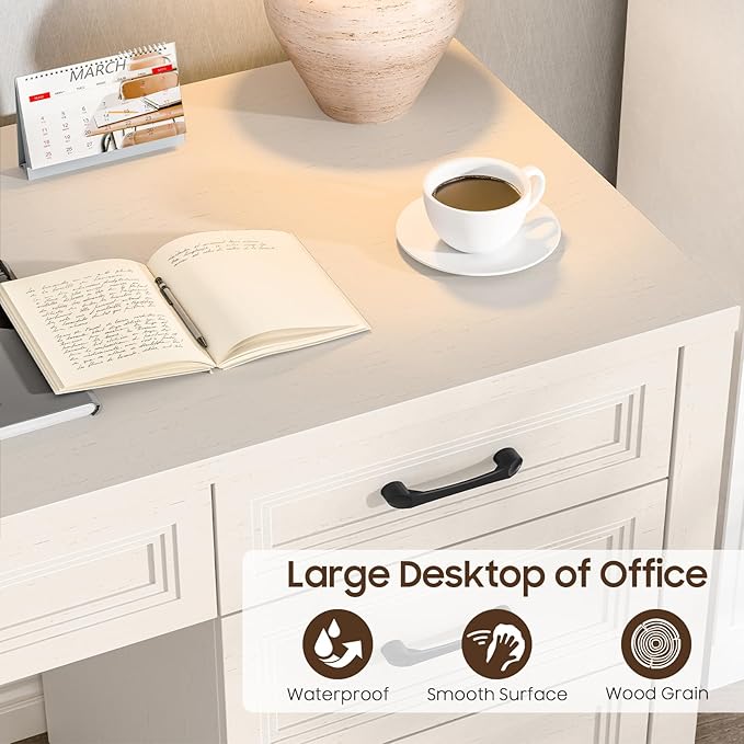 Vabches Farmhouse Executive Desk with Storage and Ample File Drawer Rustic Large Home Writing Desk for Bedroom Pure White