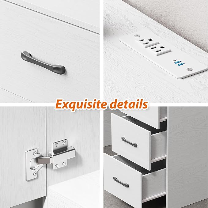 53 Inch Large Computer Desk Office Desk with Power Outlets &amp USB Charging Port Study Writing Table with Three Storage Drawers and one wooden Door Laptop PC Desk for Bedroom Study Room Office