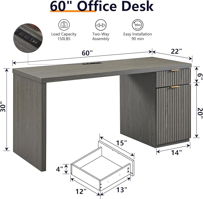 JXQTLINGMU 60 Modern Executive Desk with Storage Wood Home Office Desk with Drawer &amp Cabinet Fluted Computer Writing Desk for Study Work Living Room Bedroom Grayish Green