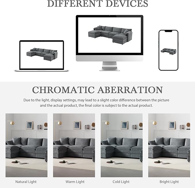 136 Chenille U-Shaped Modular Sectional Sofa with Deep and Wide SeatCloud Couch Set with Double Cushions6 Seat Sofa with Movable Ottomanfor Living Room Apartment Office (Dark Gray#h)