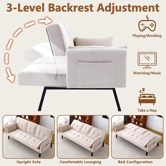 72 Cotton Linen Futon Couch Living Room Couch Bed Convertible Sleeper Sofa Bed with Cup Holder for Bedroom Guest Bed 2 Seater Reclining Sofas Couches with Nailhead Trim for Small Space (Beige)