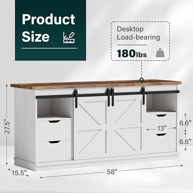 JUMMICO TV Stand with 4 Drawers for 65 Inch TV Farmhouse Entertainment Center with Storage and Sliding Barn Doors Rustic Media TV Console Cabinet with Shelves for Living Room Bedroom (Bright White)
