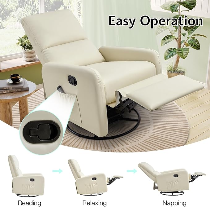 Jocisland Swivel Glider Rocking Recliner Chair for Adults Nursery Rocker Reclining Comfy Upholstered Single Sofa Armchair for Living Room Bedroom Nursing Leather Cream