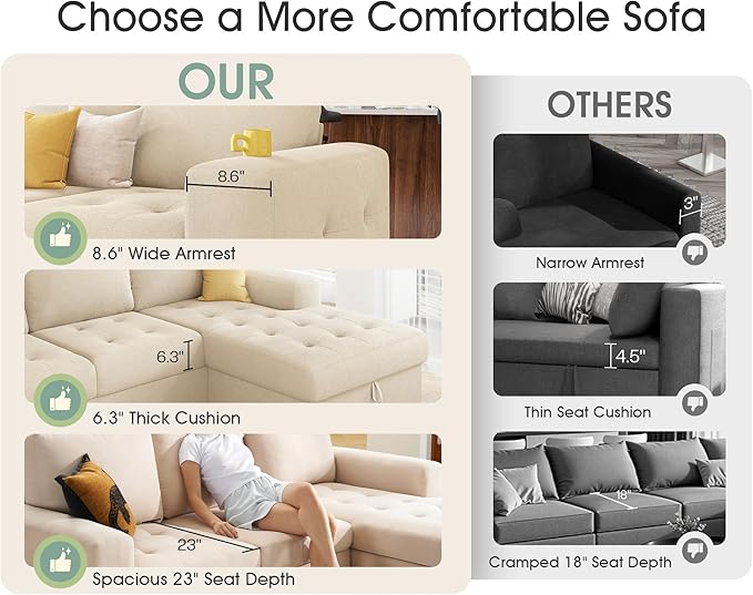 VanAcc 96 Sofa Bed Couch with Storage Chaise Convertible Sleeper Sofa Sleeper Couch with Pull Out Bed for Living Room(Beige)