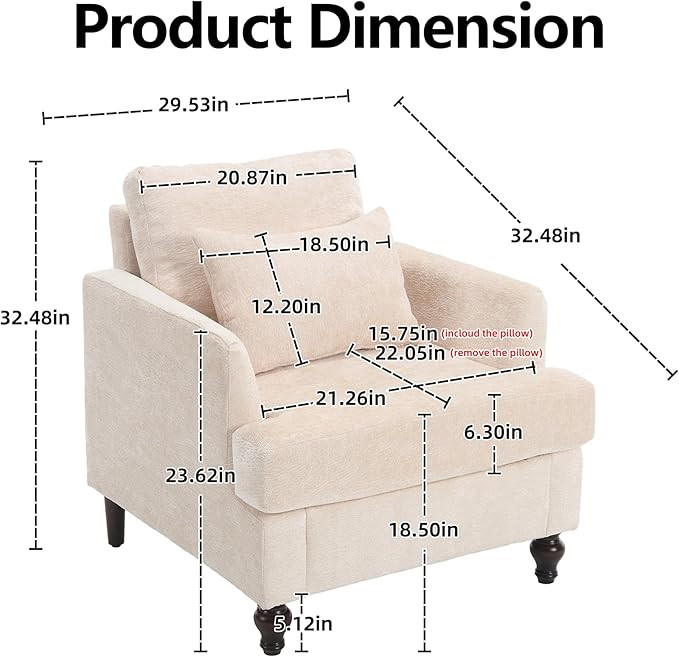 Oversized Accent Chair with Lumbar Pillow Upholstered Side Chairs for Living Room Bedroom Comfy Reading Chairs for Adults with Wide Seat Thick Cushion Soft Chenille (Beige)