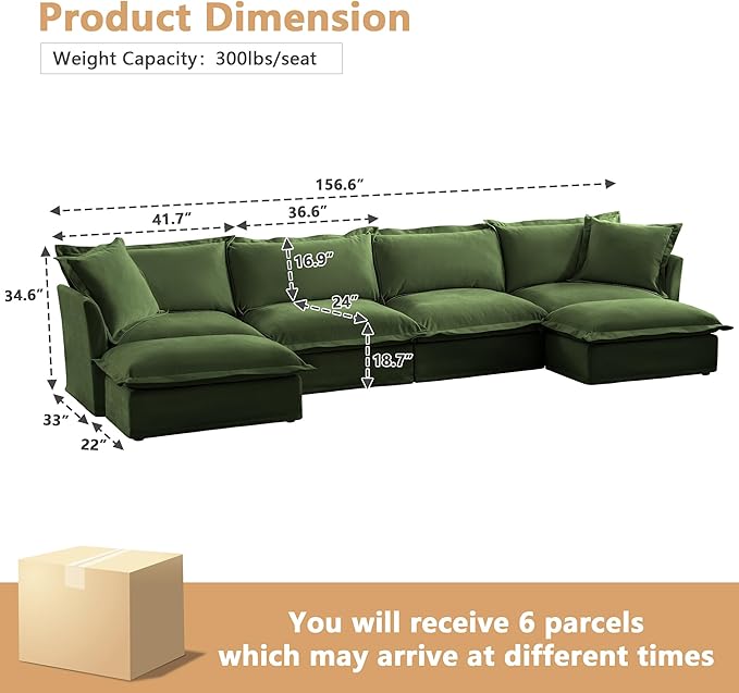 Aoowow Oversized Modular Sectional Sofa156.6” U-shaped Comfy 4-Seat Sofa Couch with Movable Ottoman Upholstered Deep Seat Couches with Big Toss Pillows for Living Room Apartment OfficeGreen-Chenille