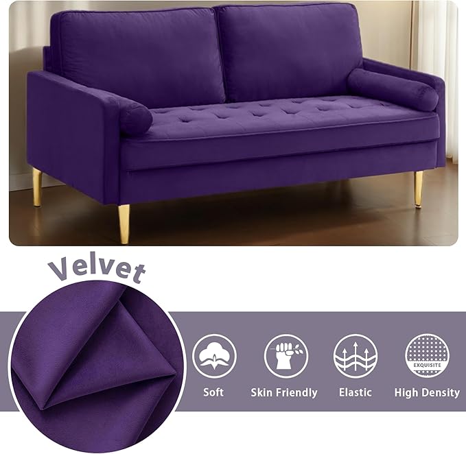 65 Inch Purple Velvet Couch Small Loveseat Sofa &amp Office Sofa for Small Space Smalls Couch for Bedroom Livingroom 2 Pillows Gold Legs Tufted Seat (Purple)