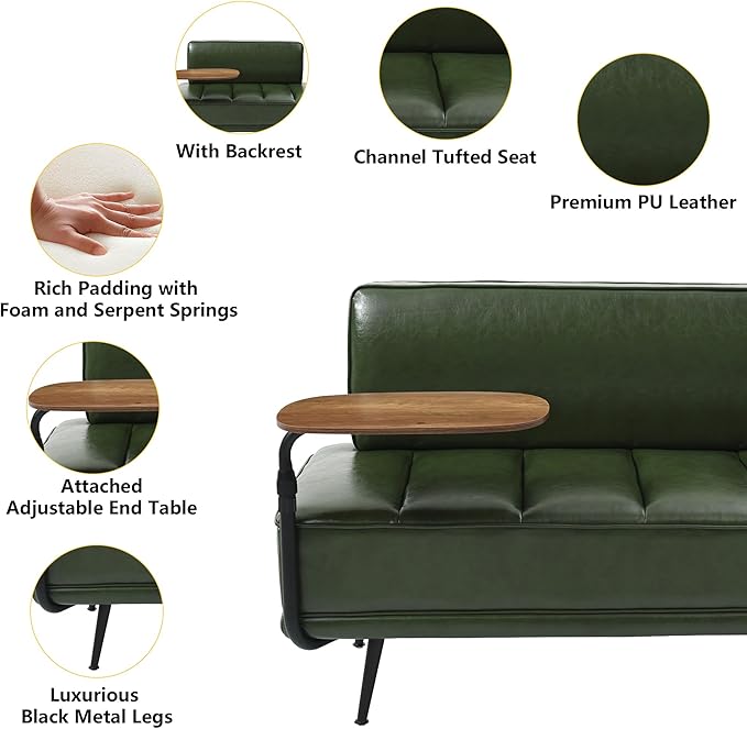 mikibama 2 Seater Loveseat Sofa Couch55 PU Leather Ottoman Bench for Bedroom Living RoomChannel Tufted Bed End Bench with BackFootrest Ottomans for Living RoomEntrywayWindow (PU Leather Green)