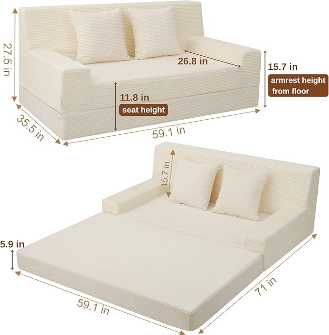 MeMoreCool Boneless Folding Queen Sofa Bed – Corduroy Convertible Futon Sleeper Couch with Foam Core &amp Pillow Washable Cover Space-Saving Floor Sofa for Living Room Guest Bedroom Apartment