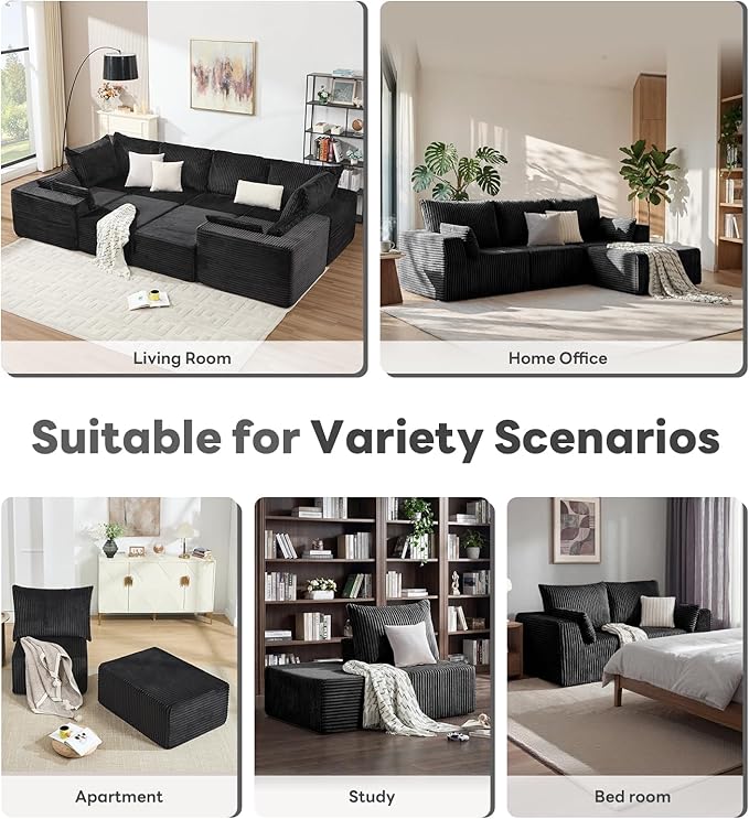 Tbfit Sectional Cloud Couch for Living Room Modular Sofa Bed with Angled Armrest Comfy Boneless Sofa with Wide Seat &amp Deep Seat Black